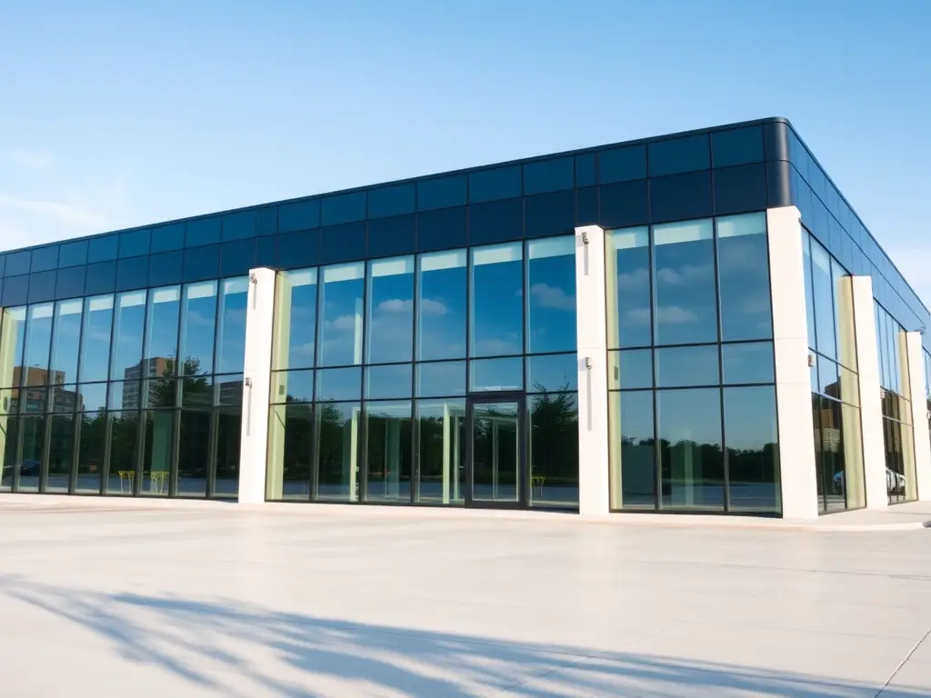A photo of a completed office tower with glass facade and modern design, representing a successful project.