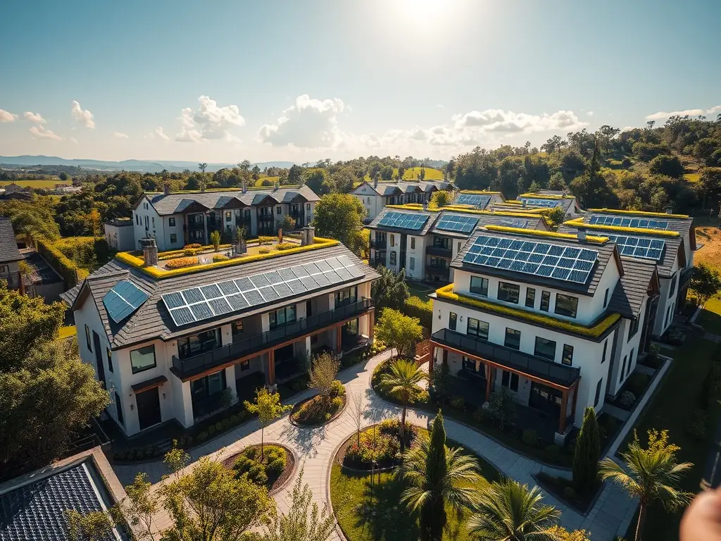 A residential complex with green roofs and eco-friendly features, showing sustainable construction.