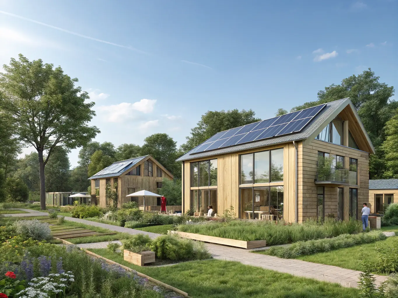 A residential complex with green roofs and eco-friendly features, highlighting sustainable construction.