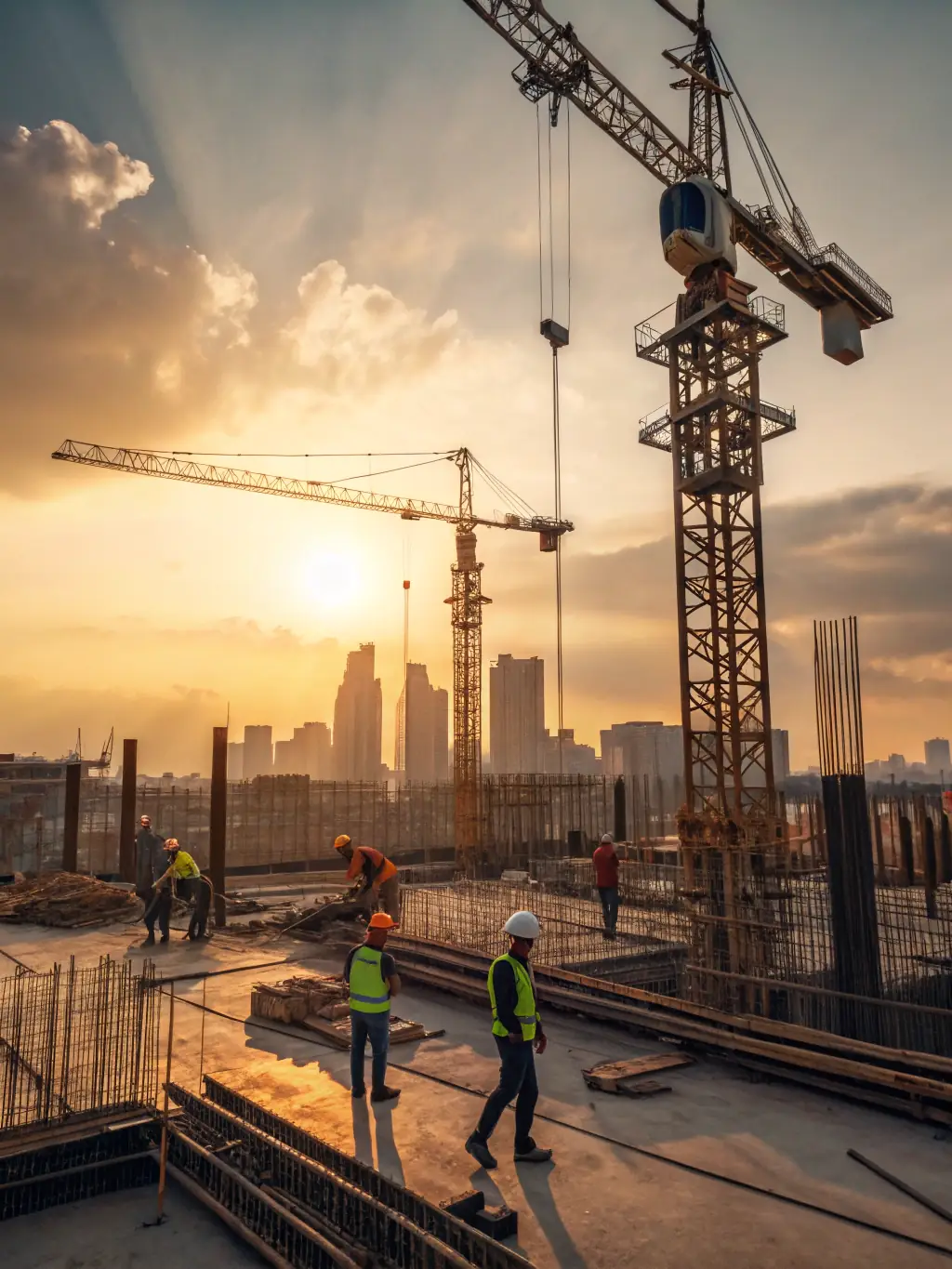 A modern skyscraper mid-construction, with cranes, scaffolding, and workers in safety gear, set against a city skyline, representing advanced building construction services.