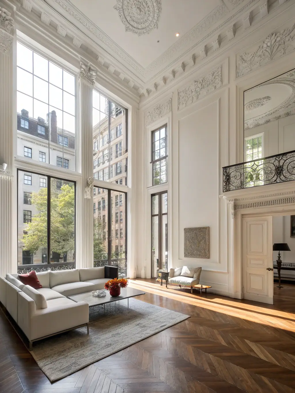 A bright, renovated living space with new flooring, fresh paint, and modern fixtures, showing before-and-after transformation, ideal for a renovation services feature on a construction website.