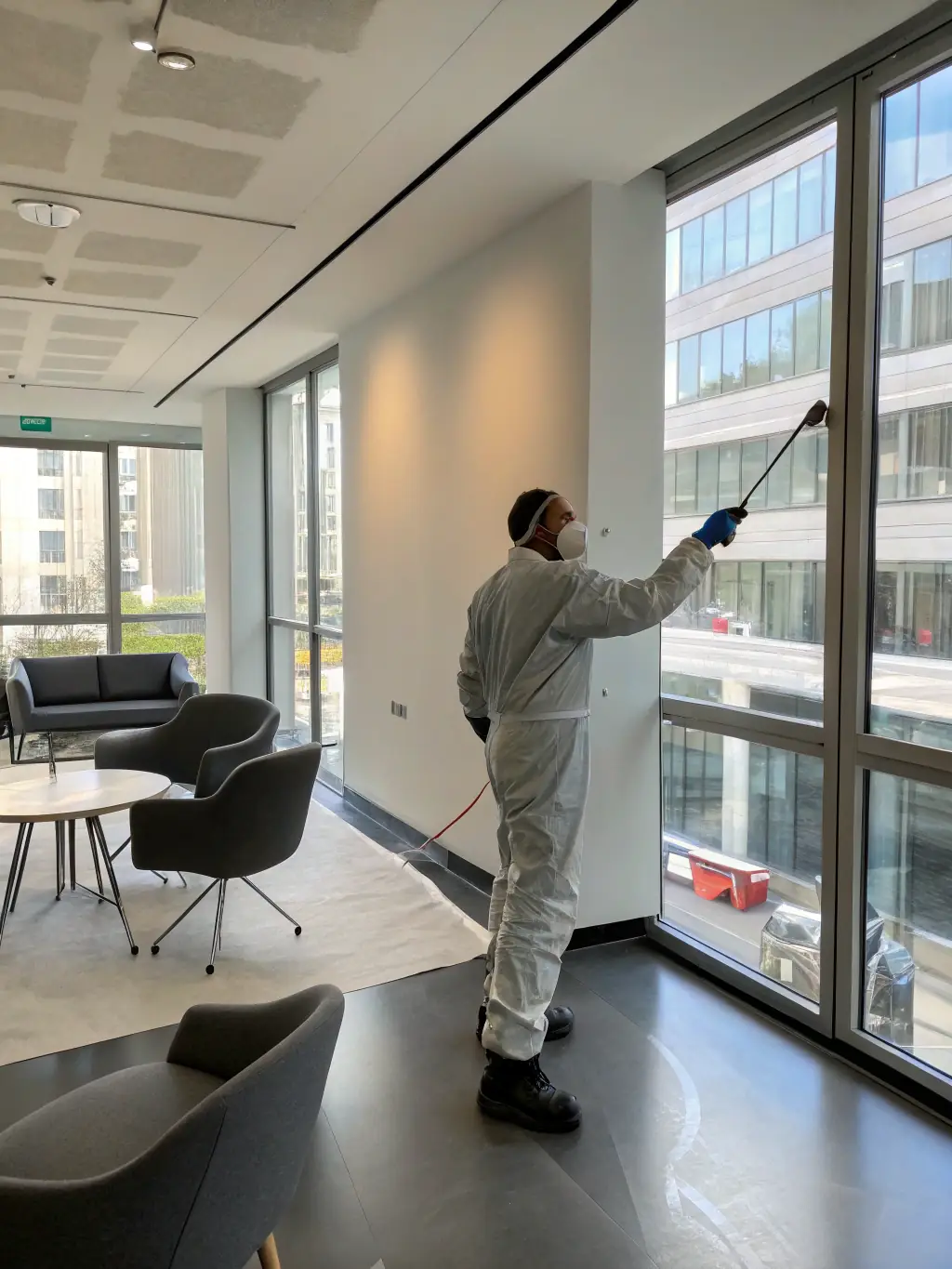 A professional painter in uniform applying a smooth, even coat of paint to a commercial building’s interior wall, with clean lines and vibrant color.