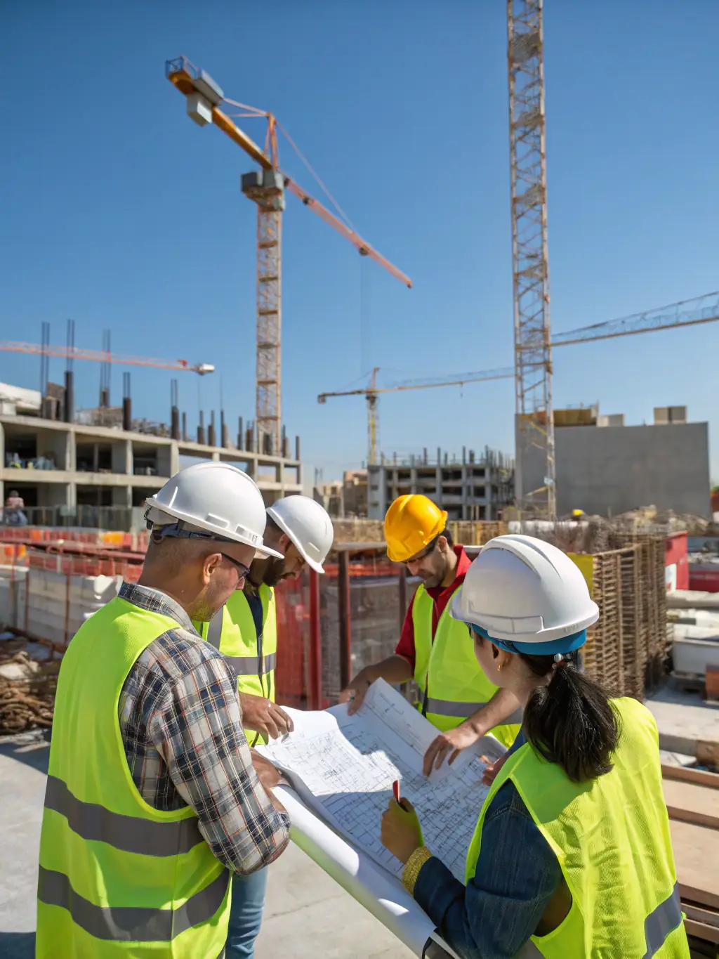 A project manager in a hard hat reviewing blueprints on-site with a diverse team, digital tablet in hand, symbolizing organized project management in construction.