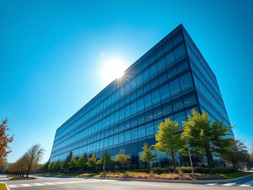 A completed office tower with glass facade and modern design, representing a successful project.