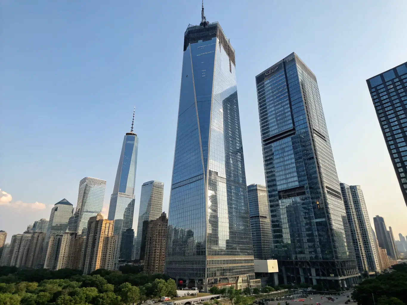 A professional photo of a completed high-rise building project, with modern glass facade, representing a successful case study by Sky Scraper Zone.
