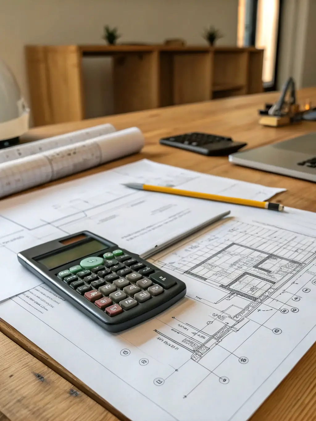 A brochure cover with blueprints and architectural drawings, representing construction planning.