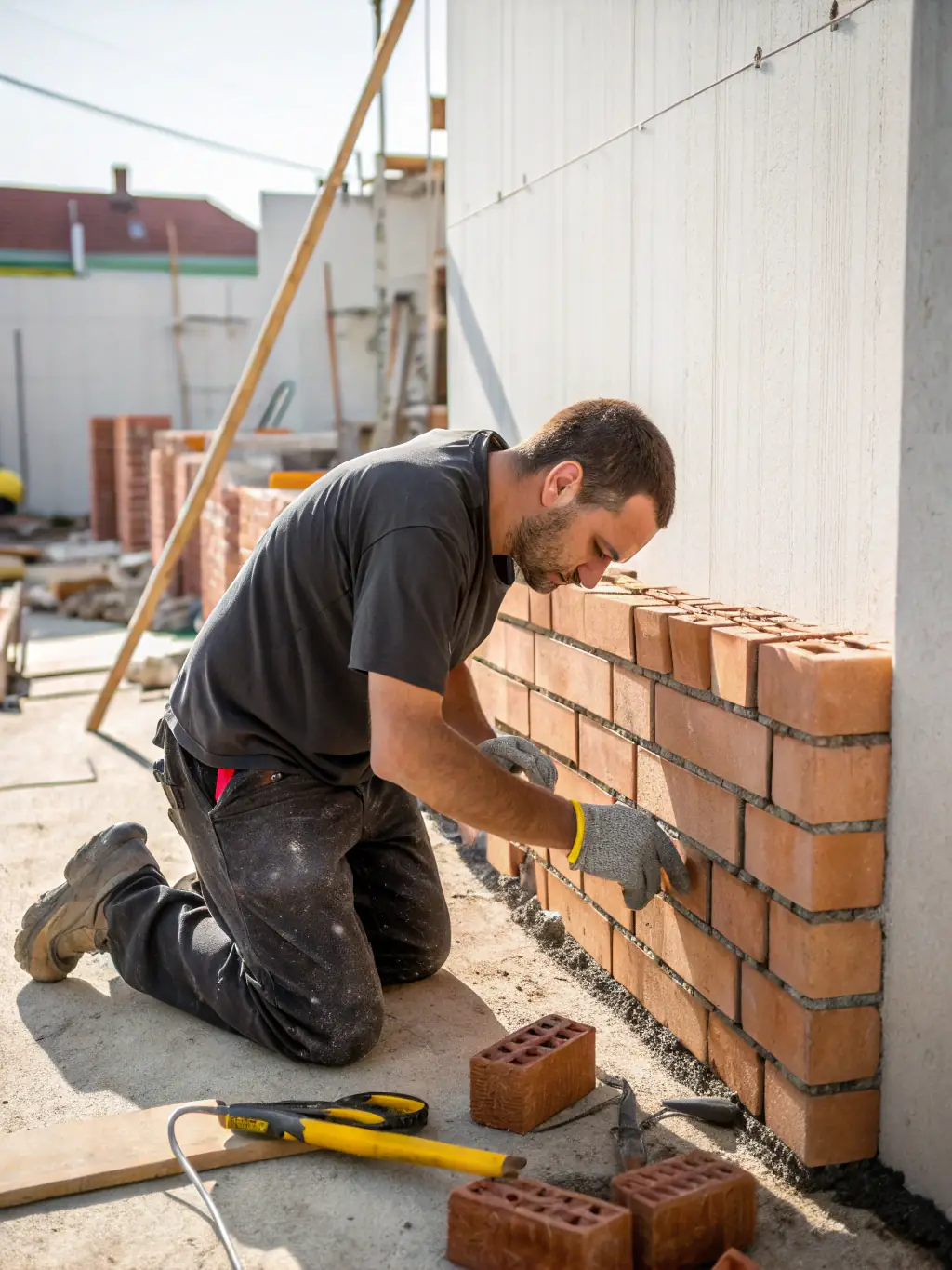 Close-up of skilled masons laying bricks and stonework on a sturdy wall, with precise craftsmanship and clean lines, suitable for a masonry work service highlight.