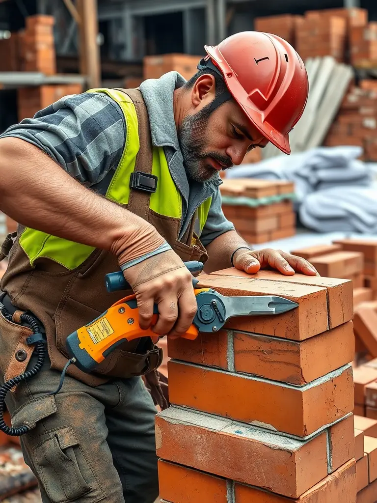 Close-up of skilled masons carefully laying red bricks on a building facade, with precise alignment and clean mortar lines, highlighting masonry expertise.