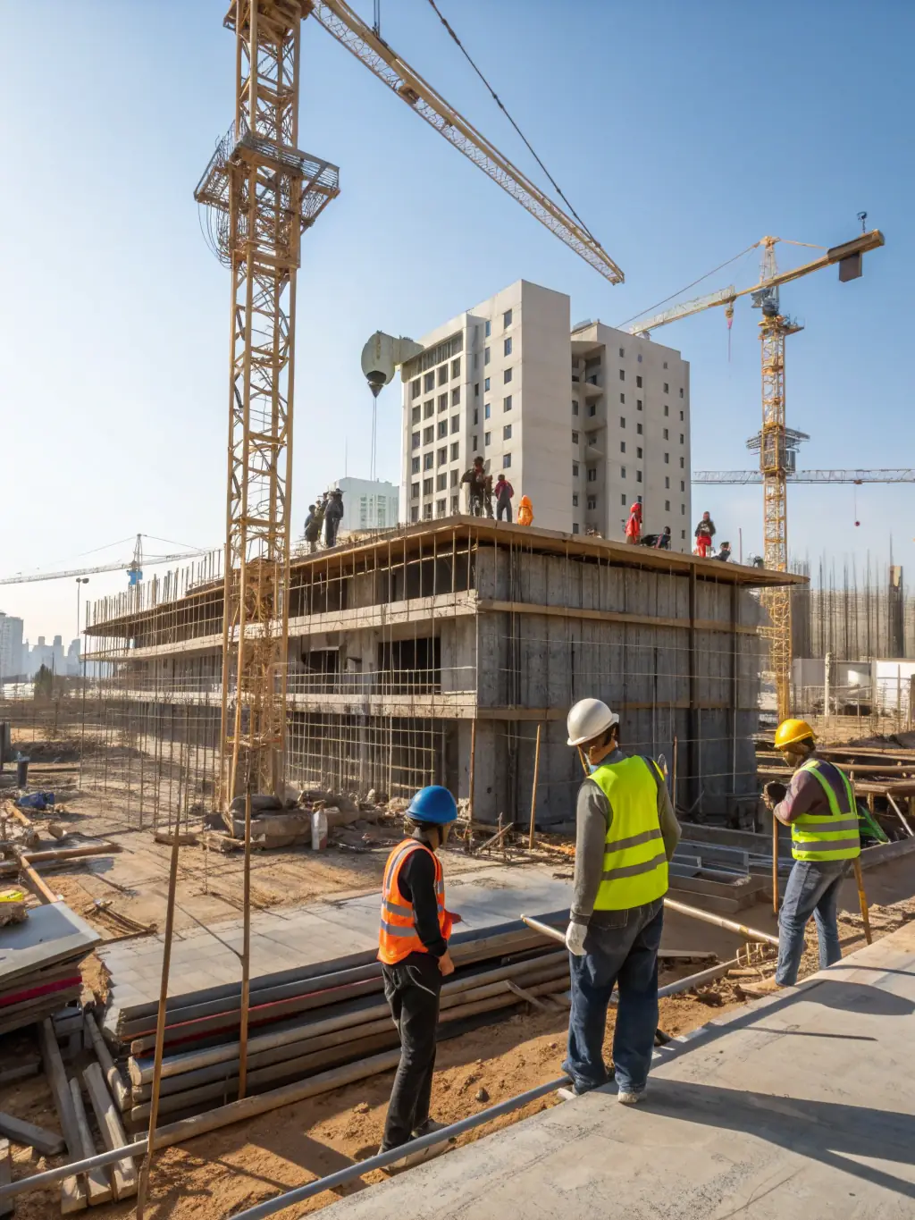 A modern construction site with cranes, steel frameworks, and workers in safety gear, set against a city skyline, representing large-scale building construction for a professional construction company website.